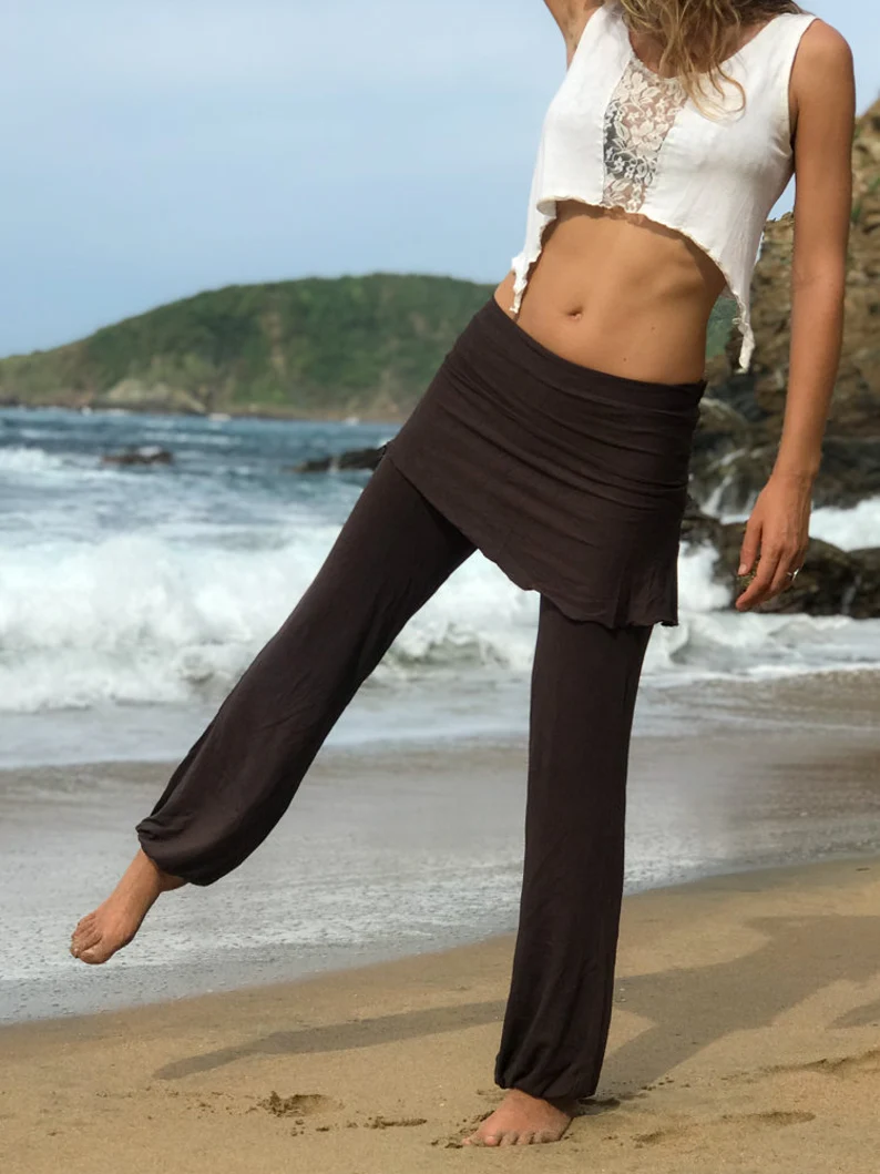 YOGA SKIRT PANTS, Brown Yoga Pants, Skirted Pants, Hoop Pants