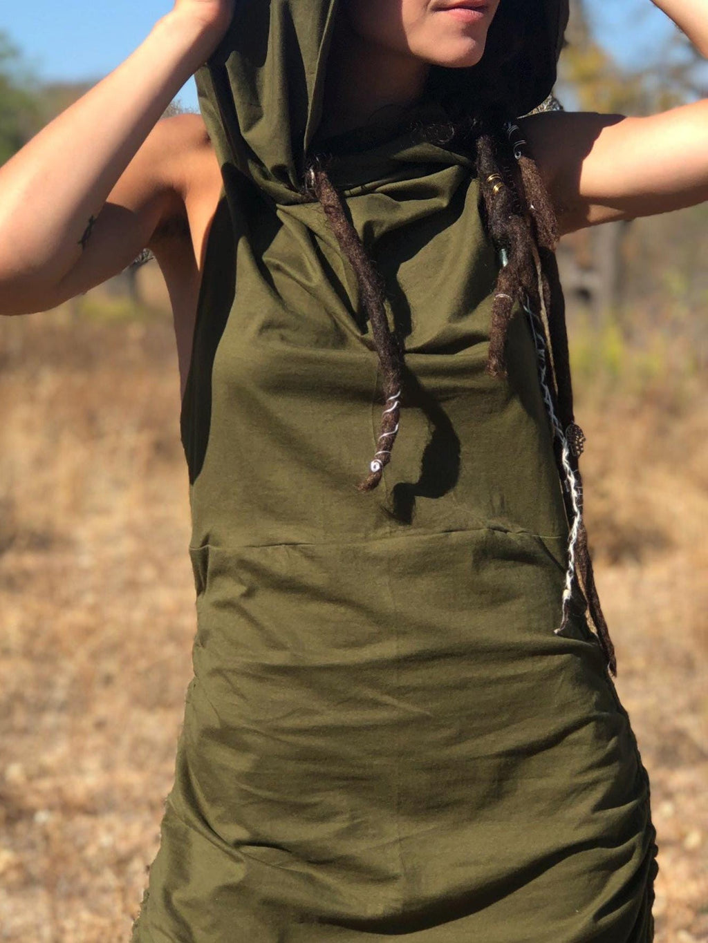 Boho Racerback Maxi Dress: Cotton Hooded Festival Dress
