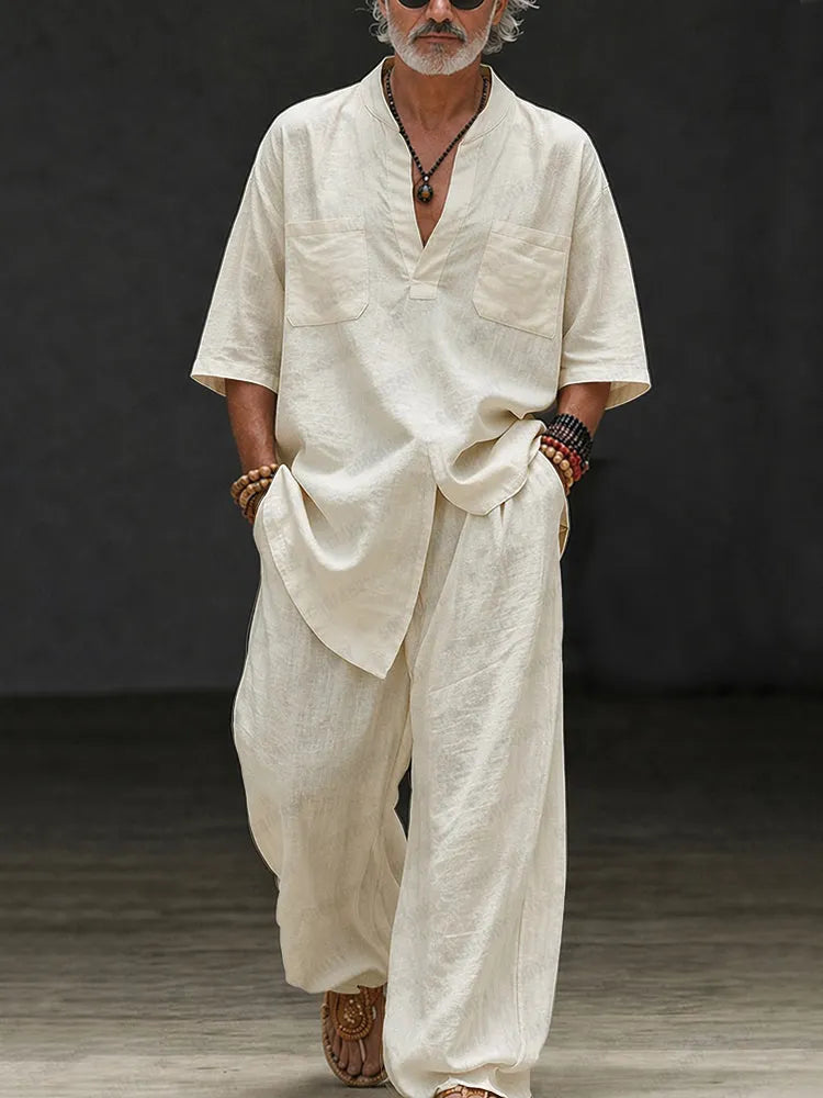 Casual Loose 100% Cotton V-Neck Top Pants Set