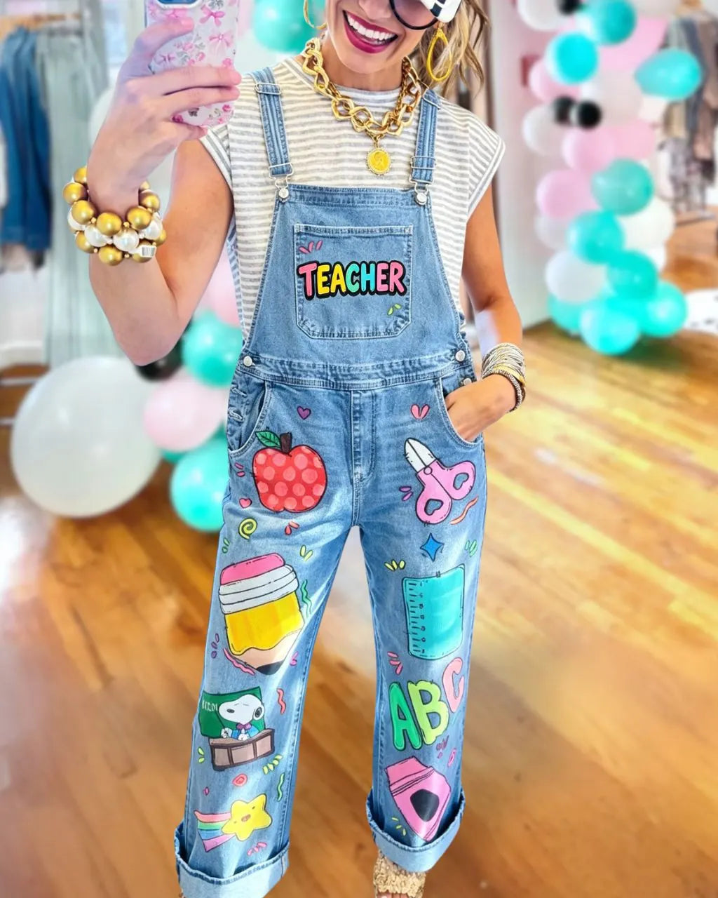 Teacher Supplies Printed Denim Overalls