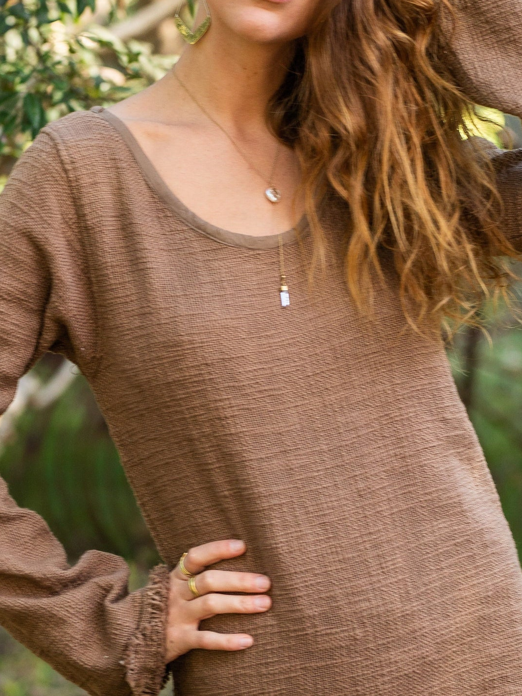 Textured Raw Hem Flared Sleeve Longline Tunic Top