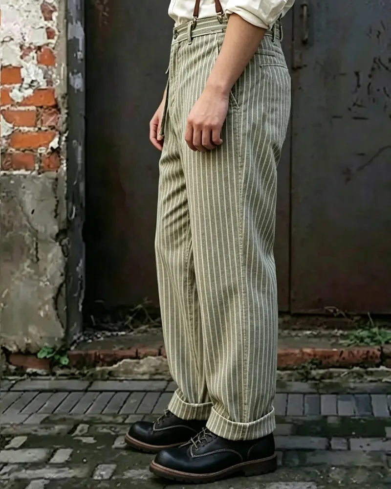 Vintage Sage Green Striped Front Patch Pocket Trousers