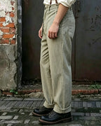 Vintage Sage Green Striped Front Patch Pocket Trousers