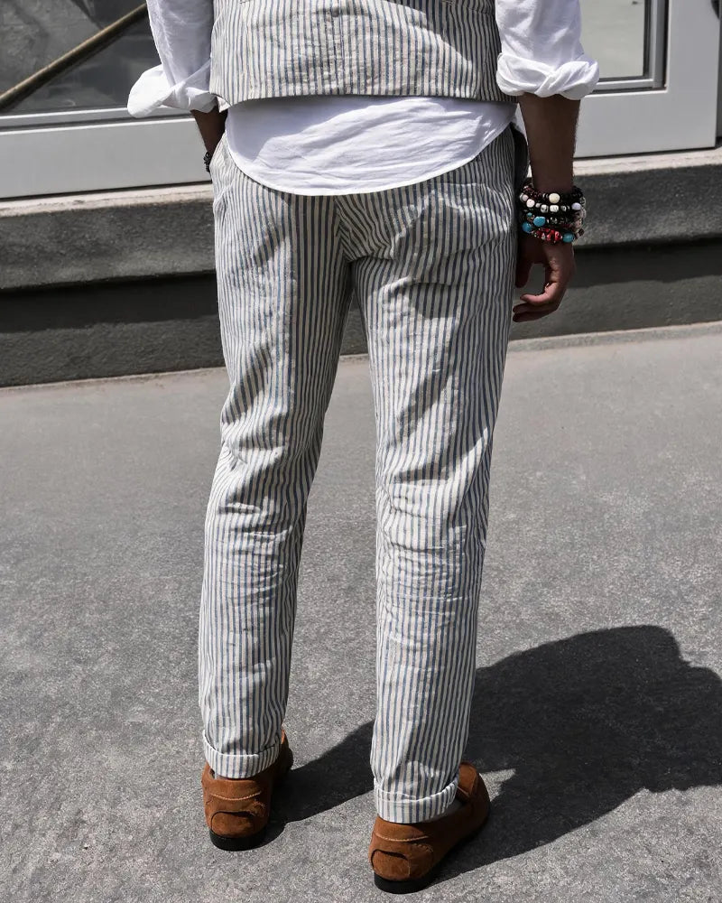 Vintage Blue Cream Vertical Stripe Tapered Casual Trousers