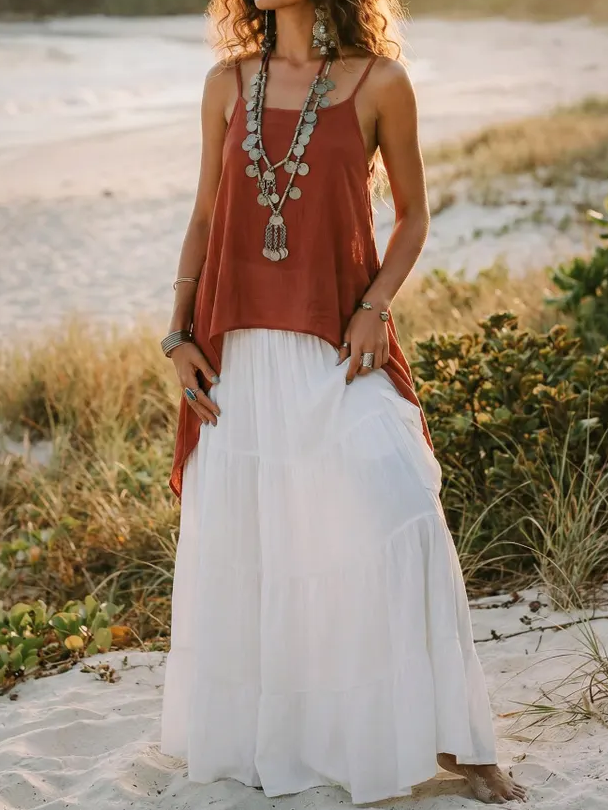 Women's Boho Cotton Cami Top / Flowy Asymmetric Spaghetti Strap Tank