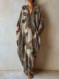 Women's Flower Print V-neck Cotton-linen Dress
