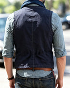 Vintage Navy Cotton Blend Single-breasted Vest