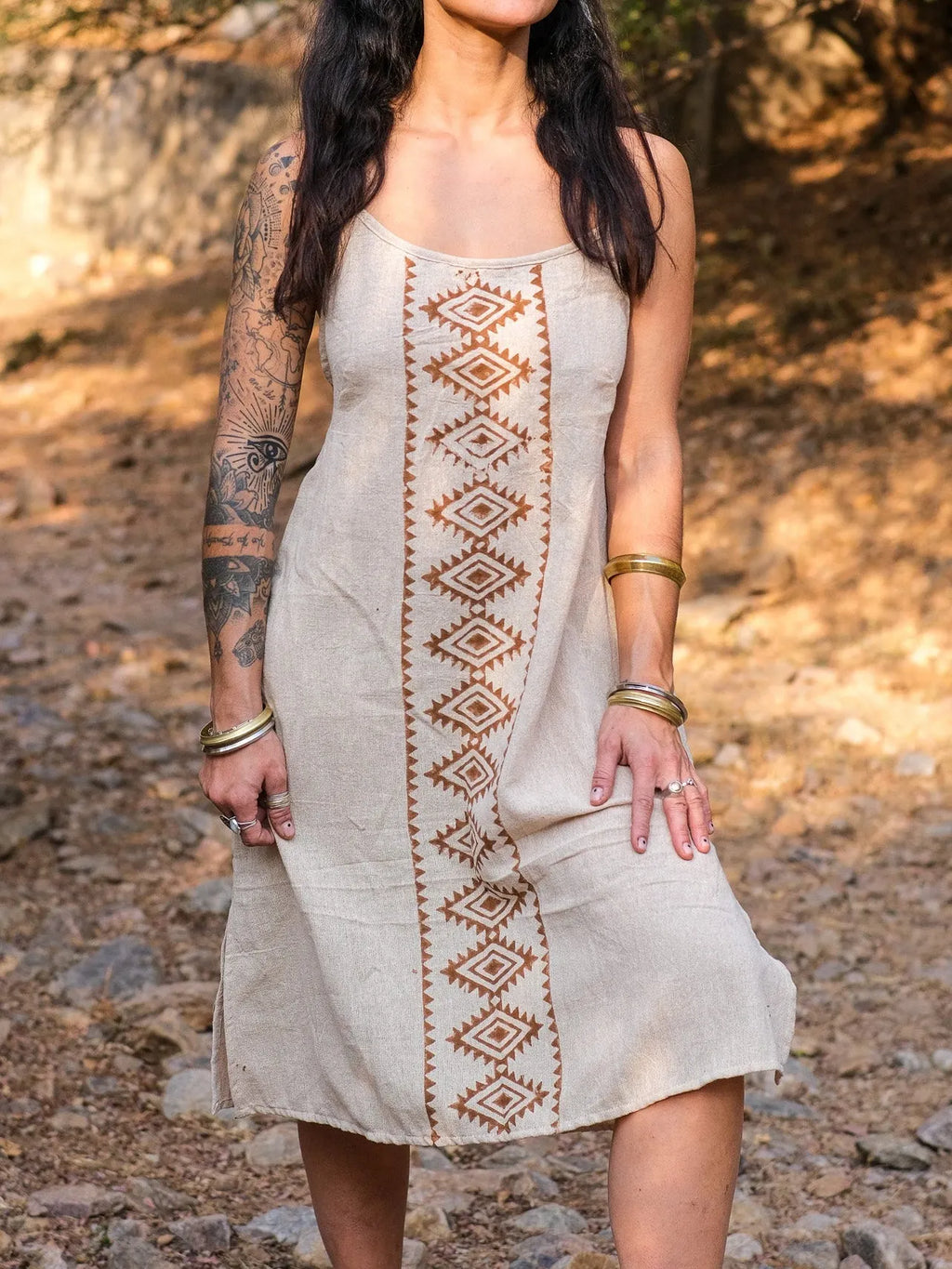 Geometric Totem Print Cotton Linen Cami Dress