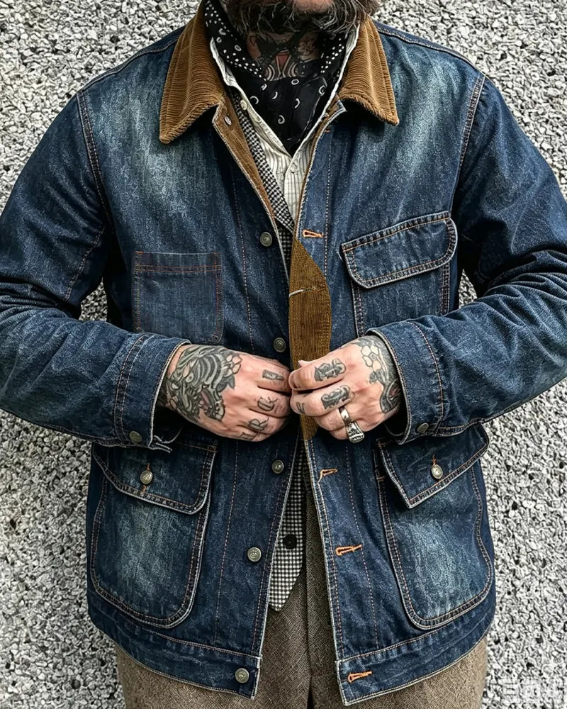 Vintage Corduroy Collar Multi©\Pocket Chore Denim Jacket