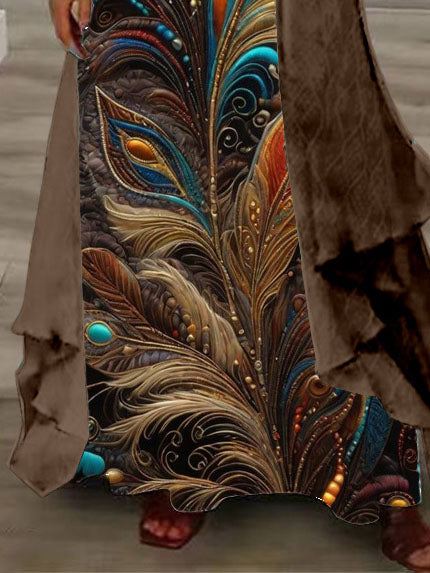 Women's Long Sleeve V-neck Graphic Printed Two Pieces Maxi Dress