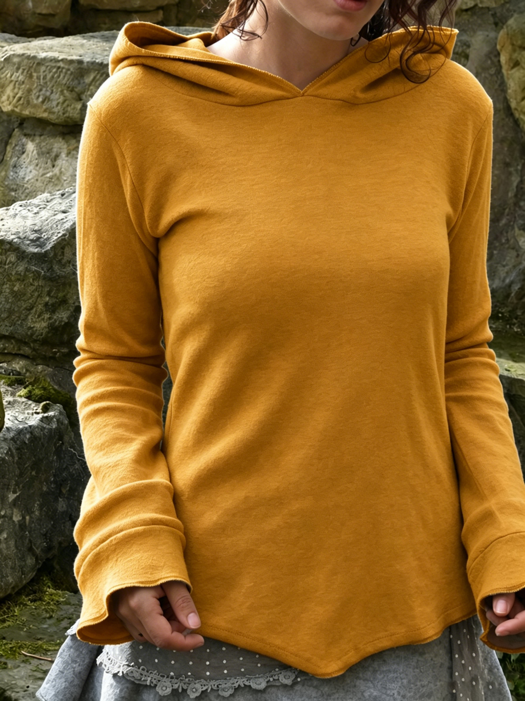 Mustard Yellow Hooded Flared Sleeve Top