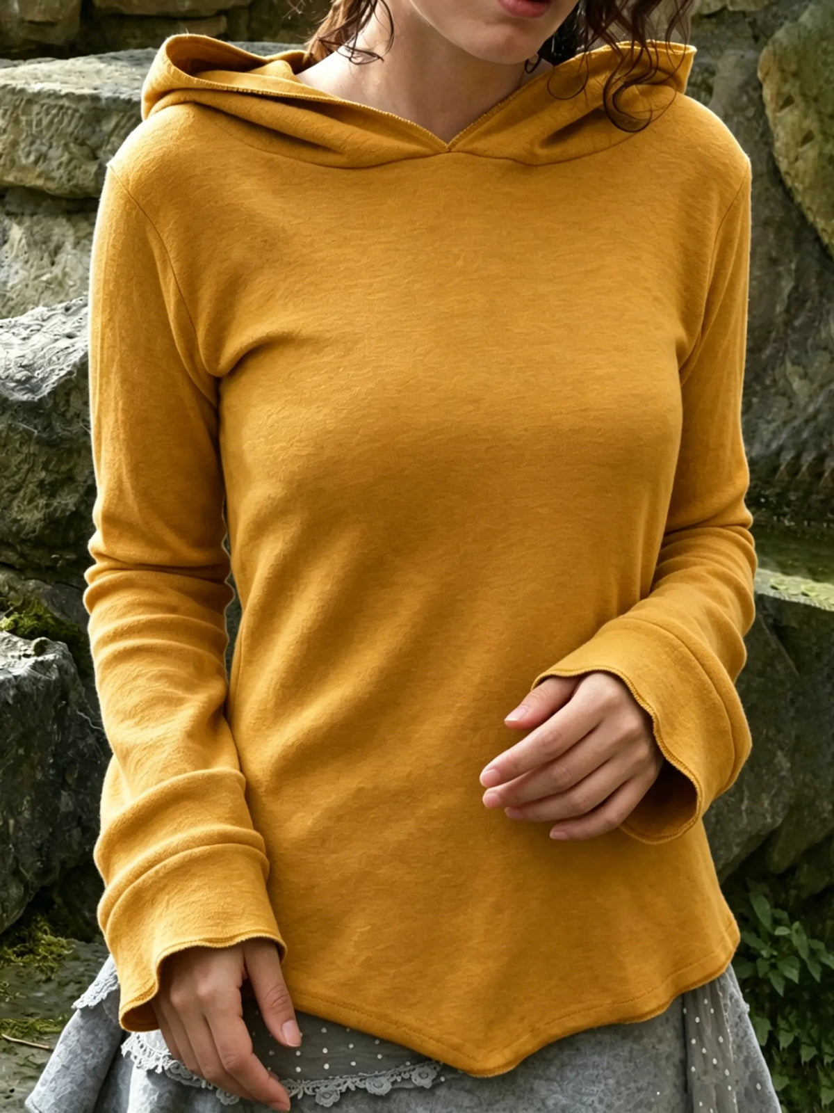 Mustard Yellow Hooded Flared Sleeve Top