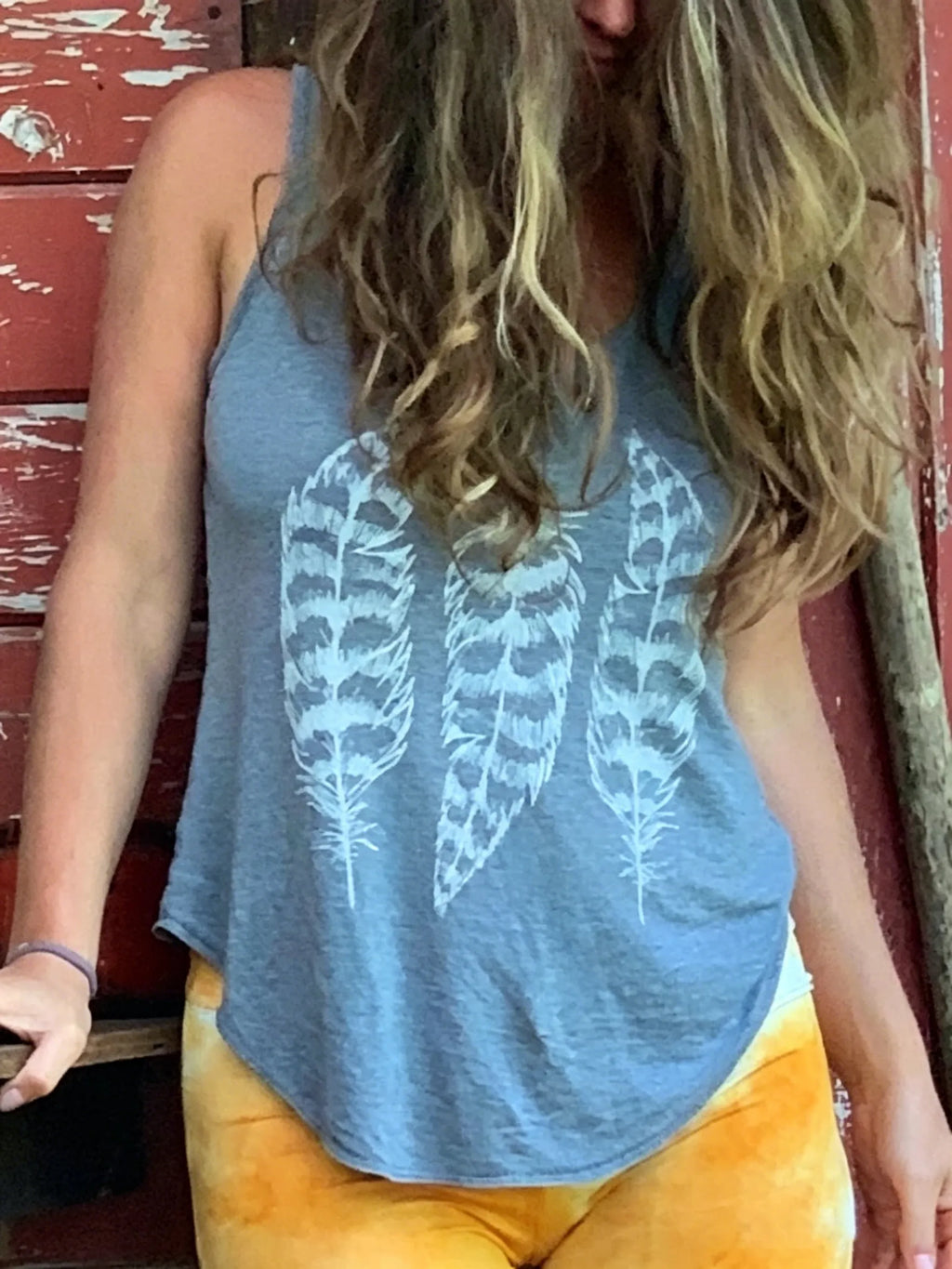 Asymmetric Tank Top with Hand-Painted Feather Pattern