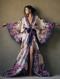 Women's Purple Floral Print Chiffon Kimono-Style Robe (with Belt)