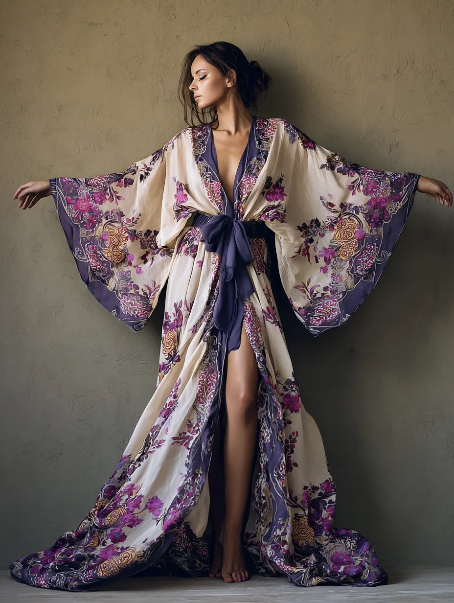 Women's Purple Floral Print Chiffon Kimono-Style Robe (with Belt)