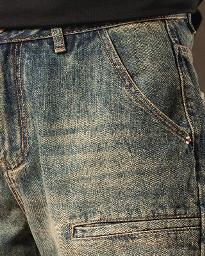 Vintage Washed Slit©\Pocket Baggy Wide©\Leg Utility Denim Pants