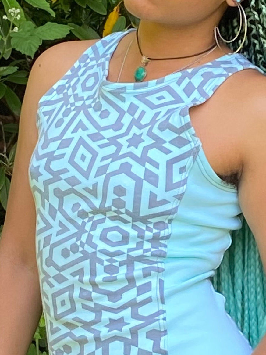 Sleeveless Side Panel Dress / Organic Cotton Blue Sleeveless Dress w/ Pockets