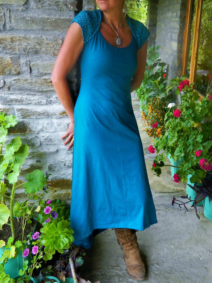 Asymmetric Midi Dress with Cutout Cape and Patchwork Detail