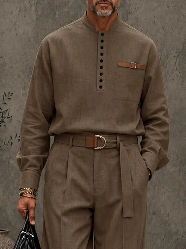 Modern Retro Half-Button Suit Shirt Pants Set