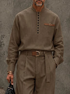 Modern Retro Half-Button Suit Shirt Pants Set