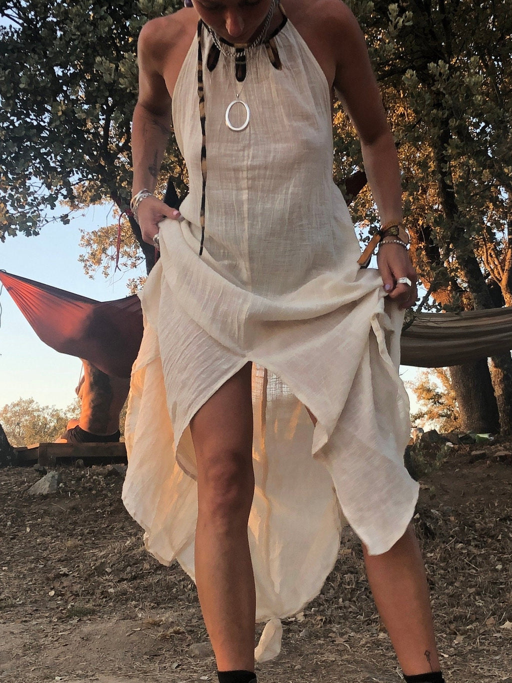 Natural cotton backless dress Gypsy dress Leopard trim halterneck dress