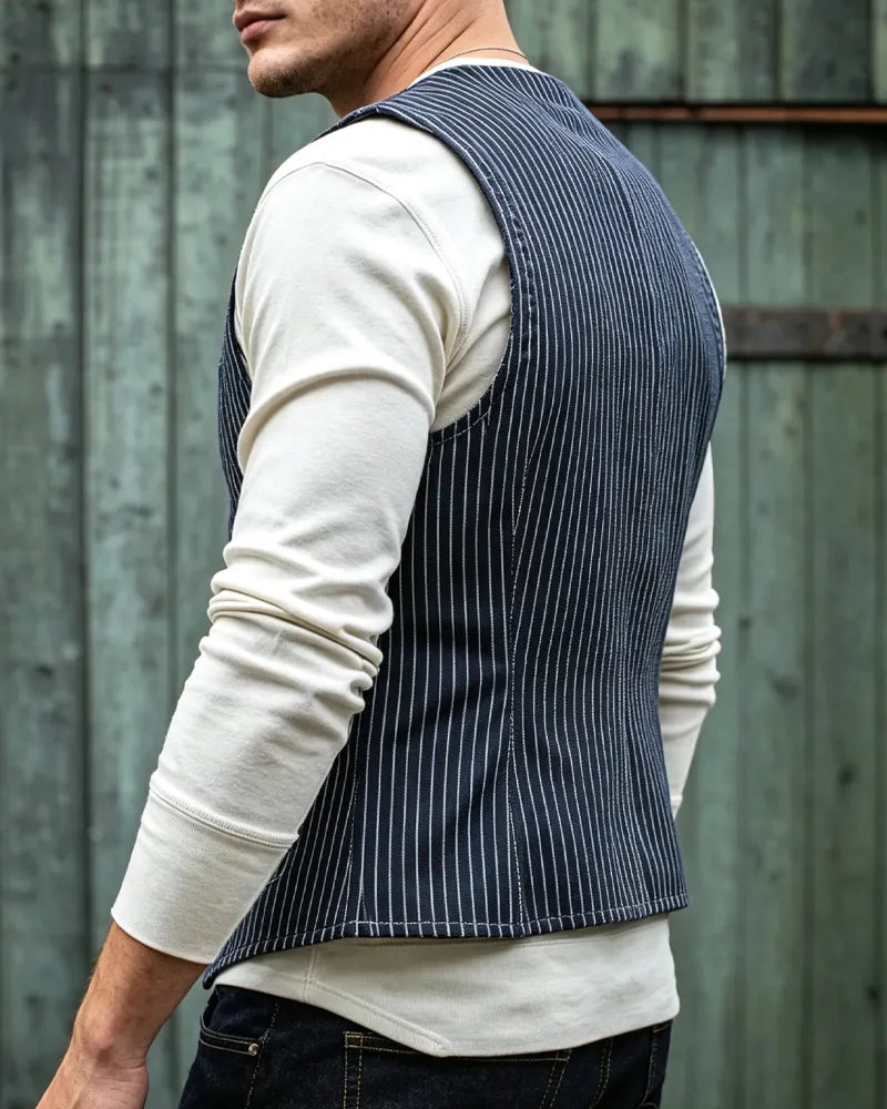 Vintage Pinstripe Denim Single-breasted Vest