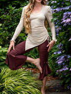Side Drawstring Asymmetric U-Neck Puff Long Sleeve Top