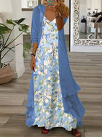 Women's Long Sleeve V-neck Graphic Printed Two Pieces Maxi Dress