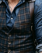 Vintage Navy Blue Plaid Single-breasted Vest