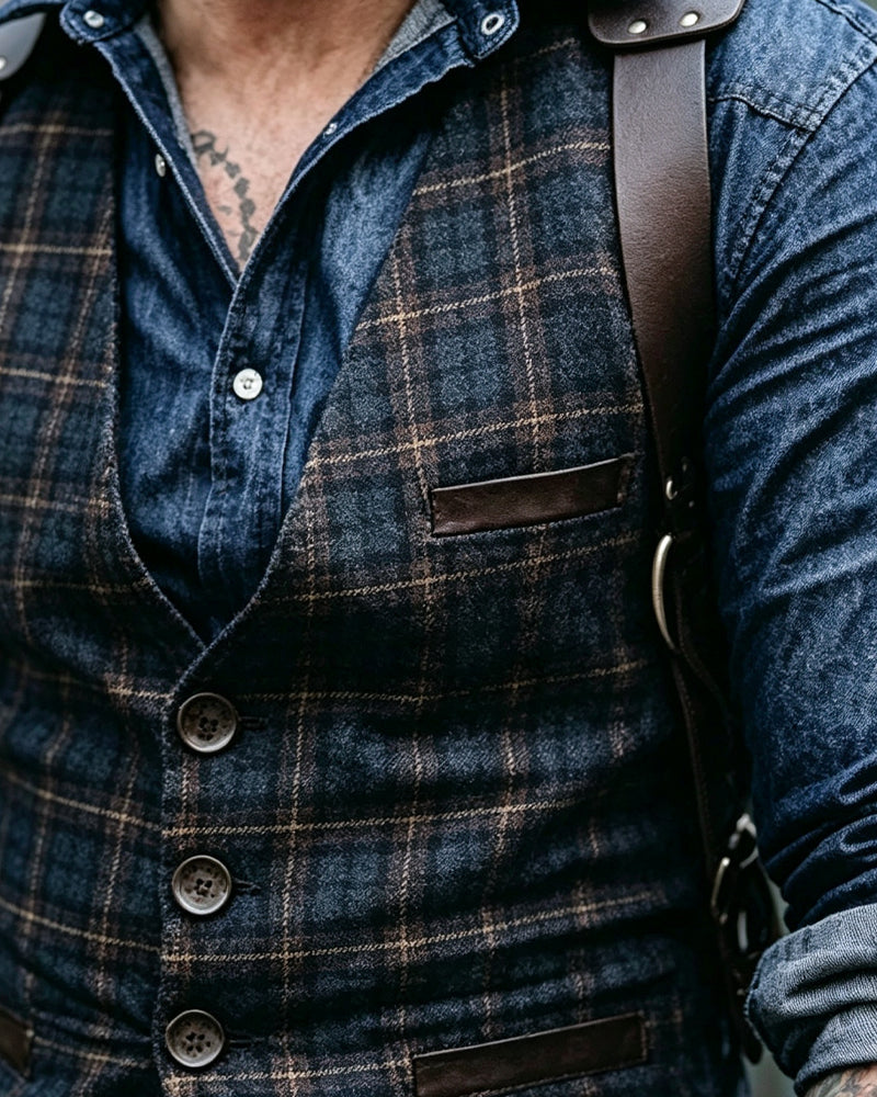 Vintage Navy Blue Plaid Single-breasted Vest
