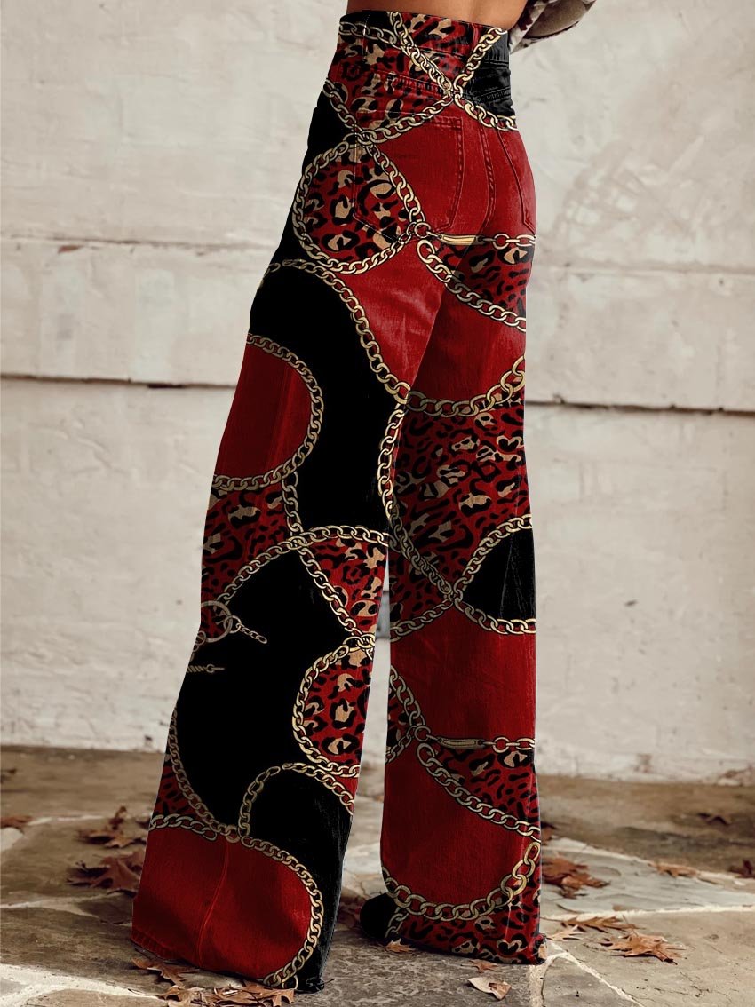 Women's Red and Black Chain Print Casual Wide Leg Pants