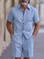 Refined Button Placket Short Sleeve Shirt Shorts Set
