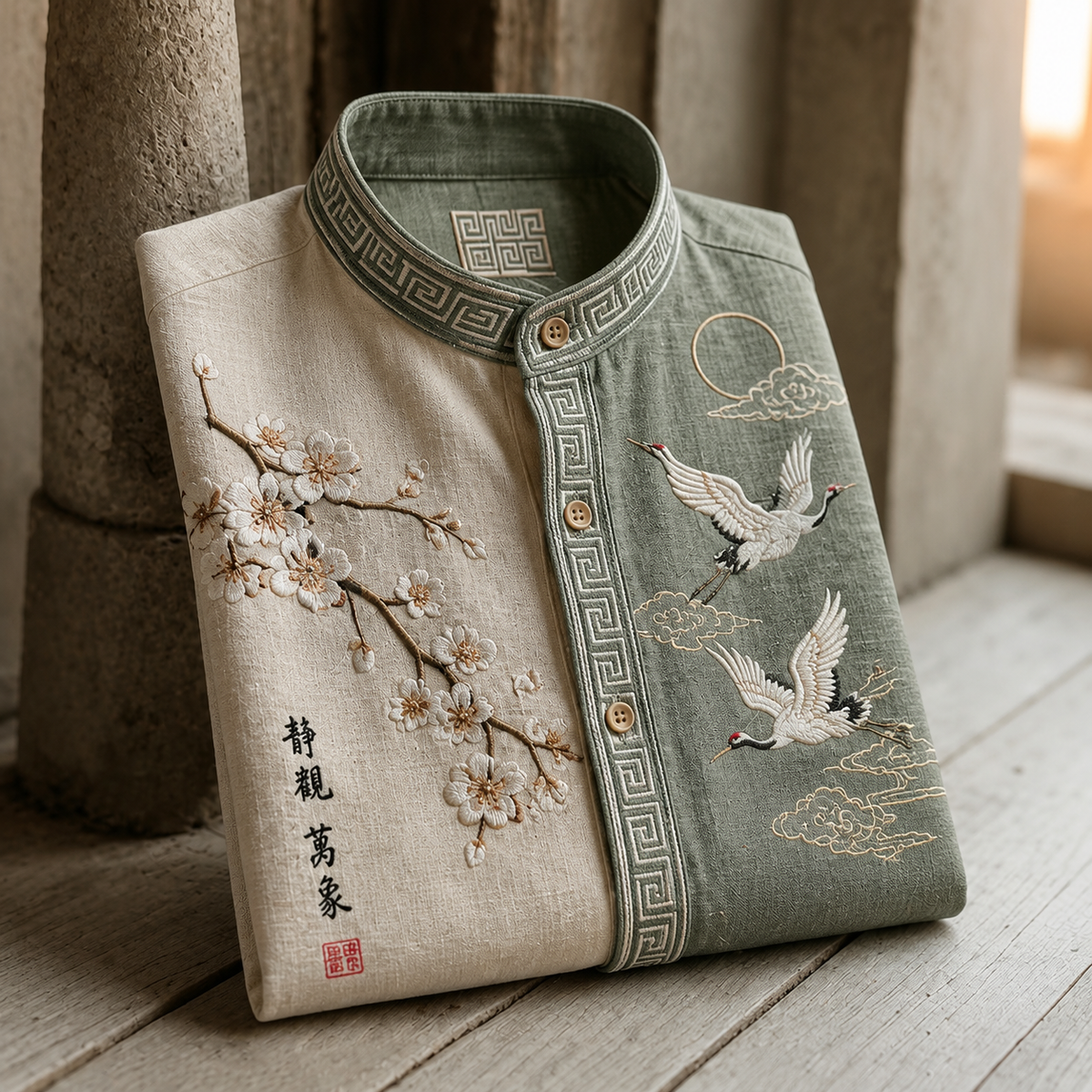 Men's Retro Crane & Plum Blossom Oriental Style Print Casual Shirt