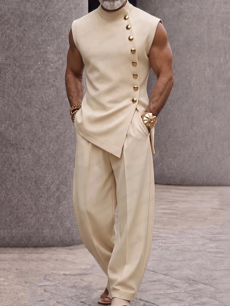 Refined Button Design Sleeveless Top and Pants Set