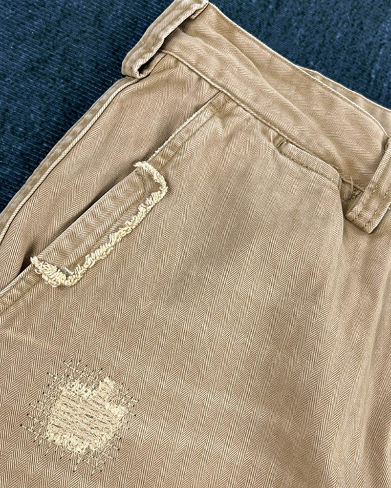 Vintage Khaki Herringbone Twill Straight Military Trousers