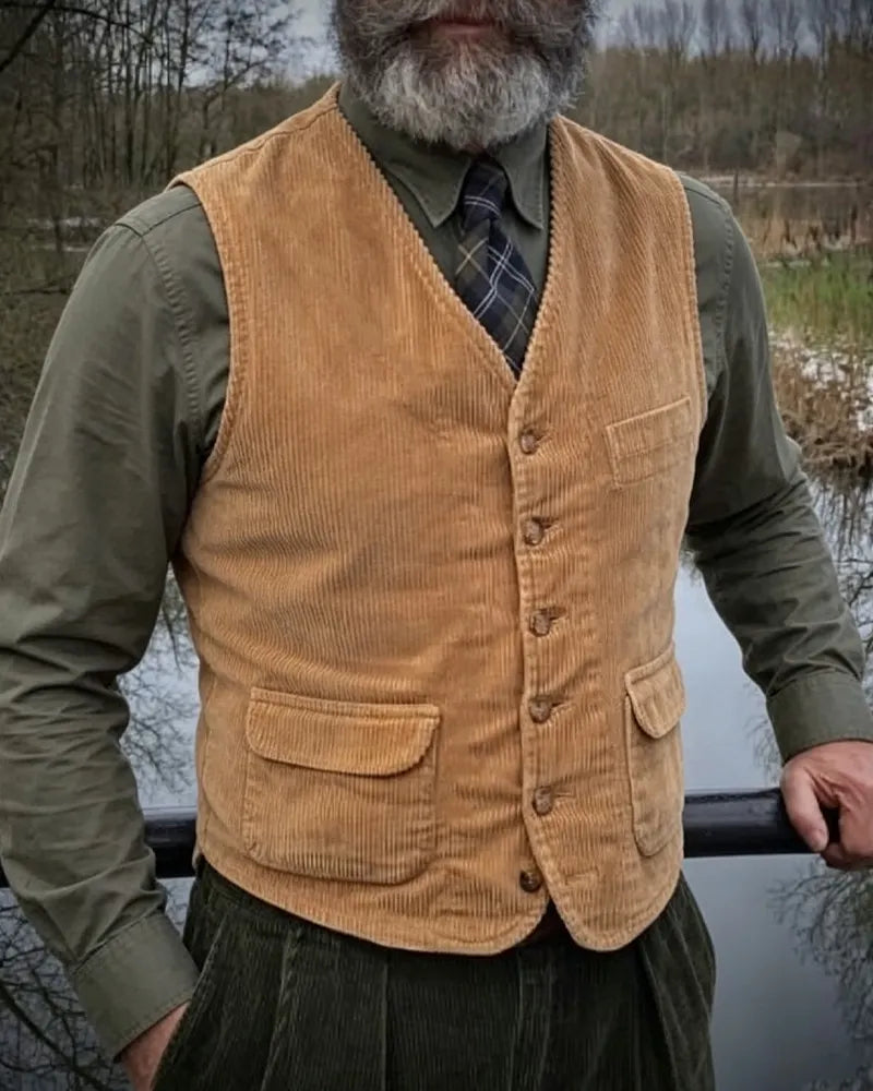 Vintage Camel Corduroy Single-breasted Vest