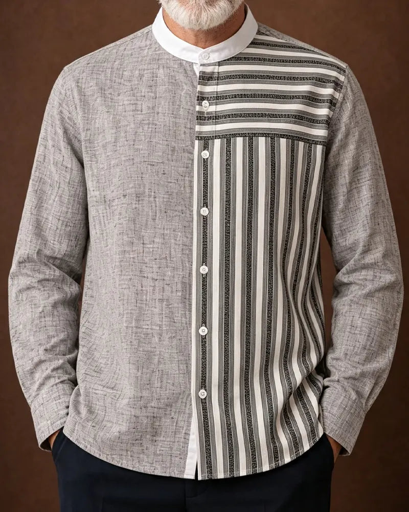 Vintage Asymmetrical Spliced Stripe Stand Collar Long Sleeve Shirt