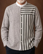 Vintage Asymmetrical Spliced Stripe Stand Collar Long Sleeve Shirt