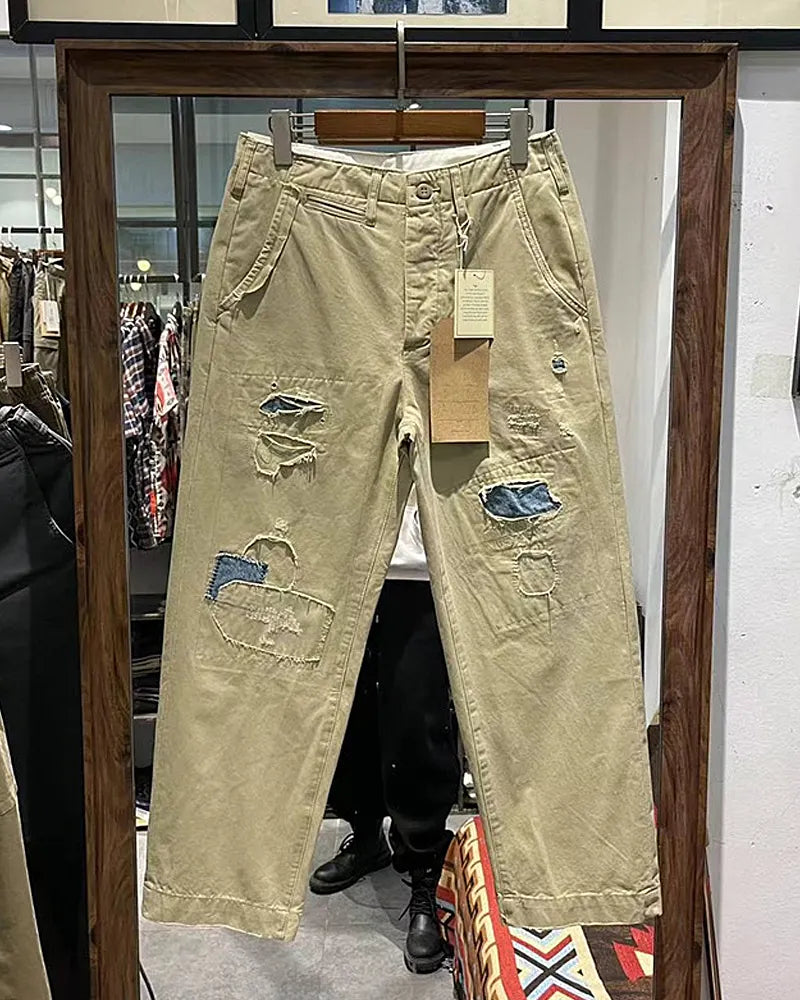 Vintage Khaki Distressed Patchwork Twill Loose Straight Leg Trousers
