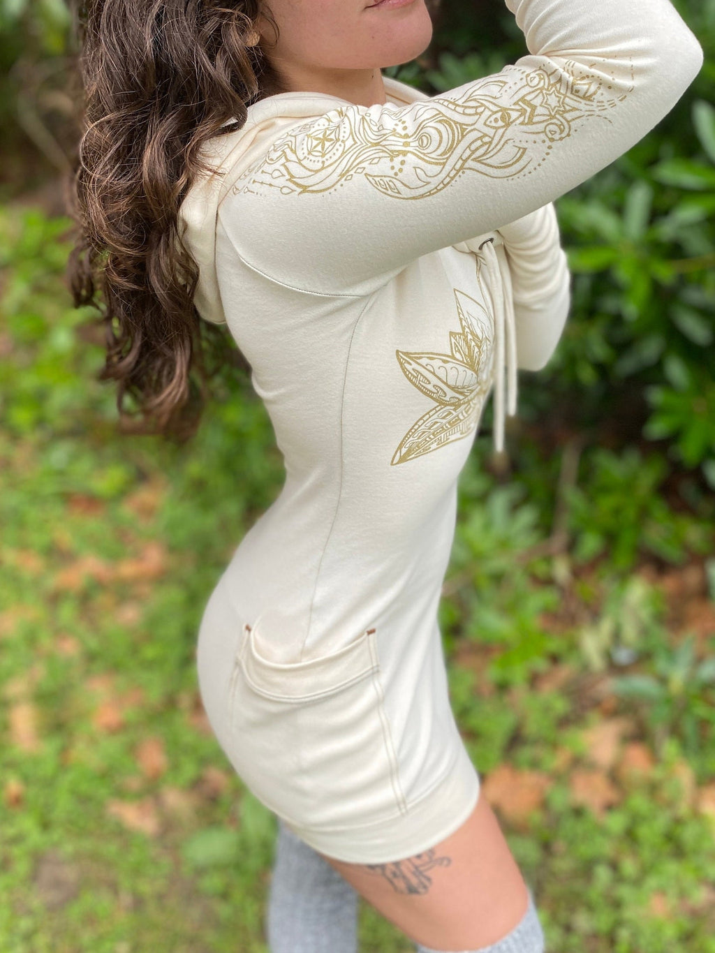 The Lotus - Portal Dress / Cotton Natural Cowl Hooded Dress with Pockets/ Sacred Geometry