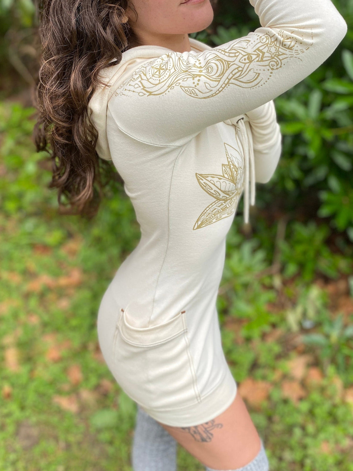 The Lotus - Portal Dress / Cotton Natural Cowl Hooded Dress with Pockets/ Sacred Geometry