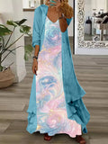 Women's Long Sleeve V-neck Floral Printed Two Pieces Maxi Dress