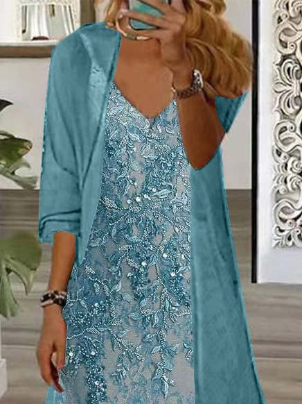 Nextmacys-Women's Long Sleeve V-neck Floral Printed Two Pieces Maxi Dress