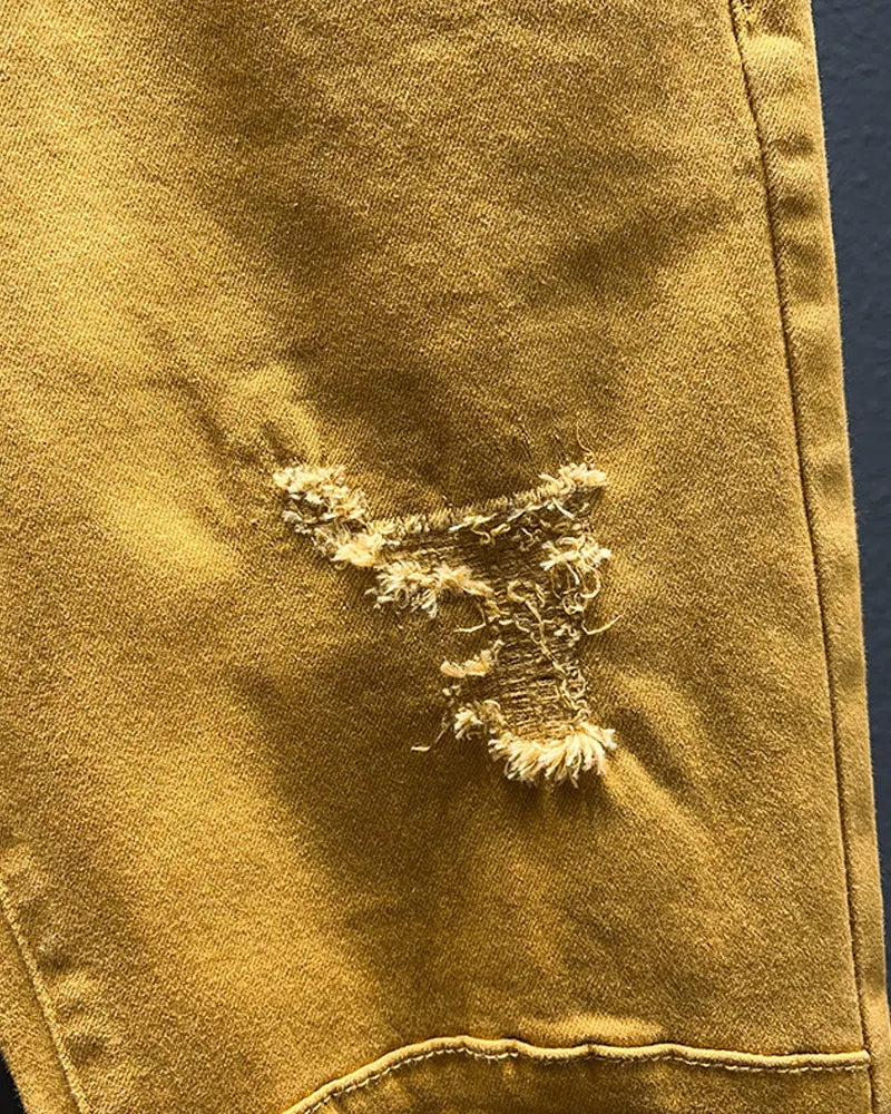 Vintage Mustard Yellow Distressed Slim Tapered Denim Jeans