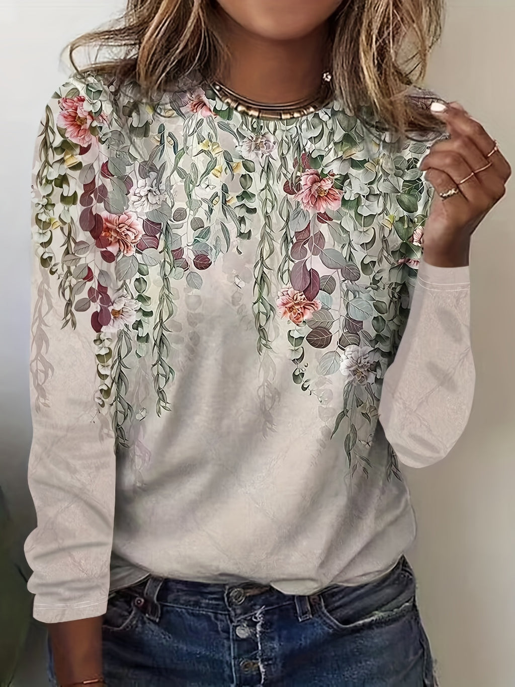 Floral Print Crew Neck T-Shirt, Casual Long Sleeve T-Shirt For Spring & Fall, Women's Clothing