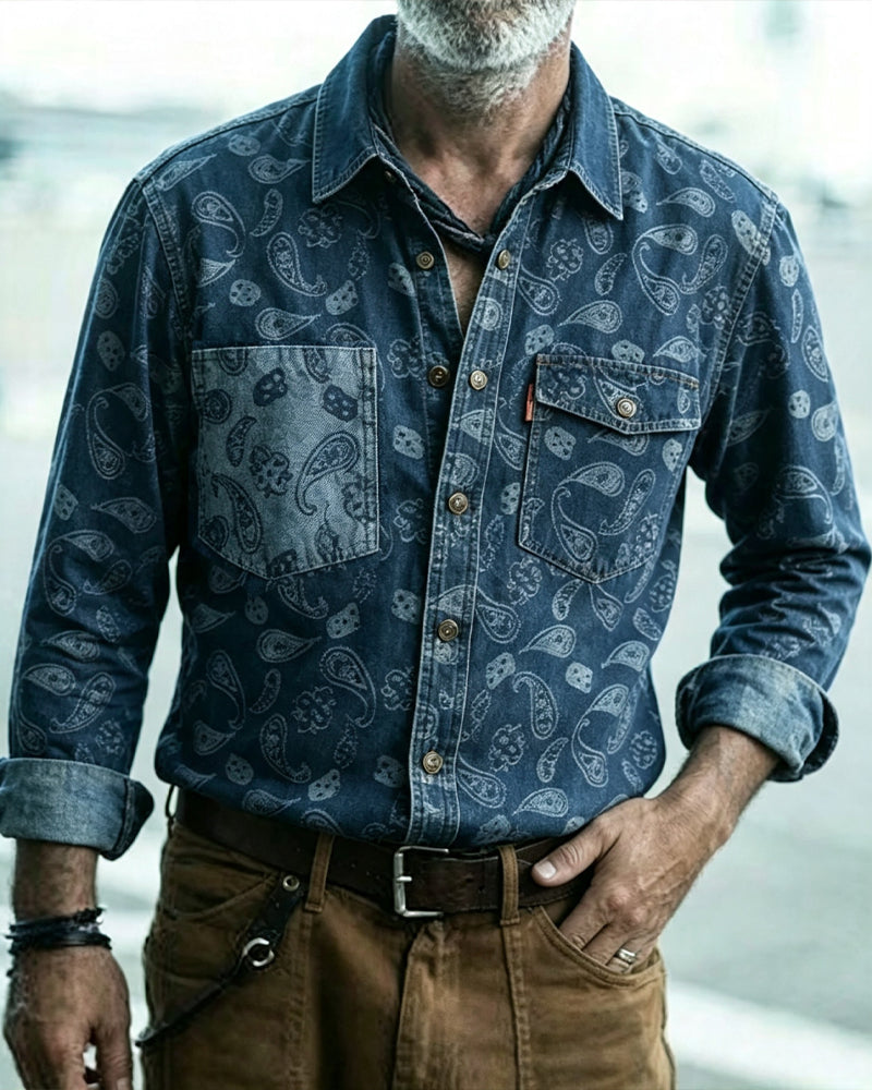 Vintage Paisley Jacquard Washed Denim Long Sleeve Jacket