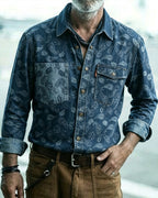 Vintage Paisley Jacquard Washed Denim Long Sleeve Jacket