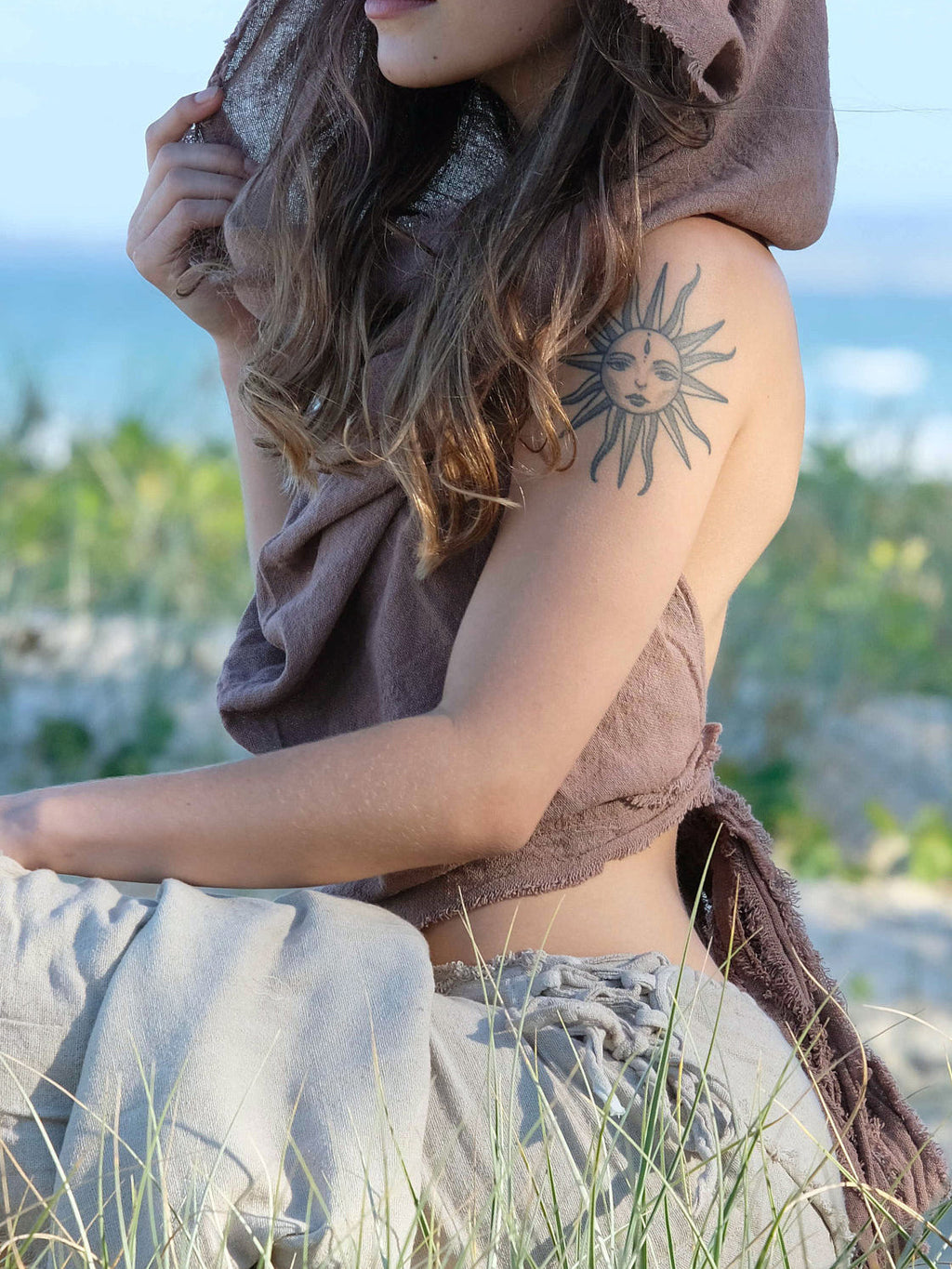 Festival Natural Cotton Hooded Top, Backless Boho Pixie Clothing