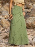 Twill Patchwork High-Waist Flared Maxi Skirt