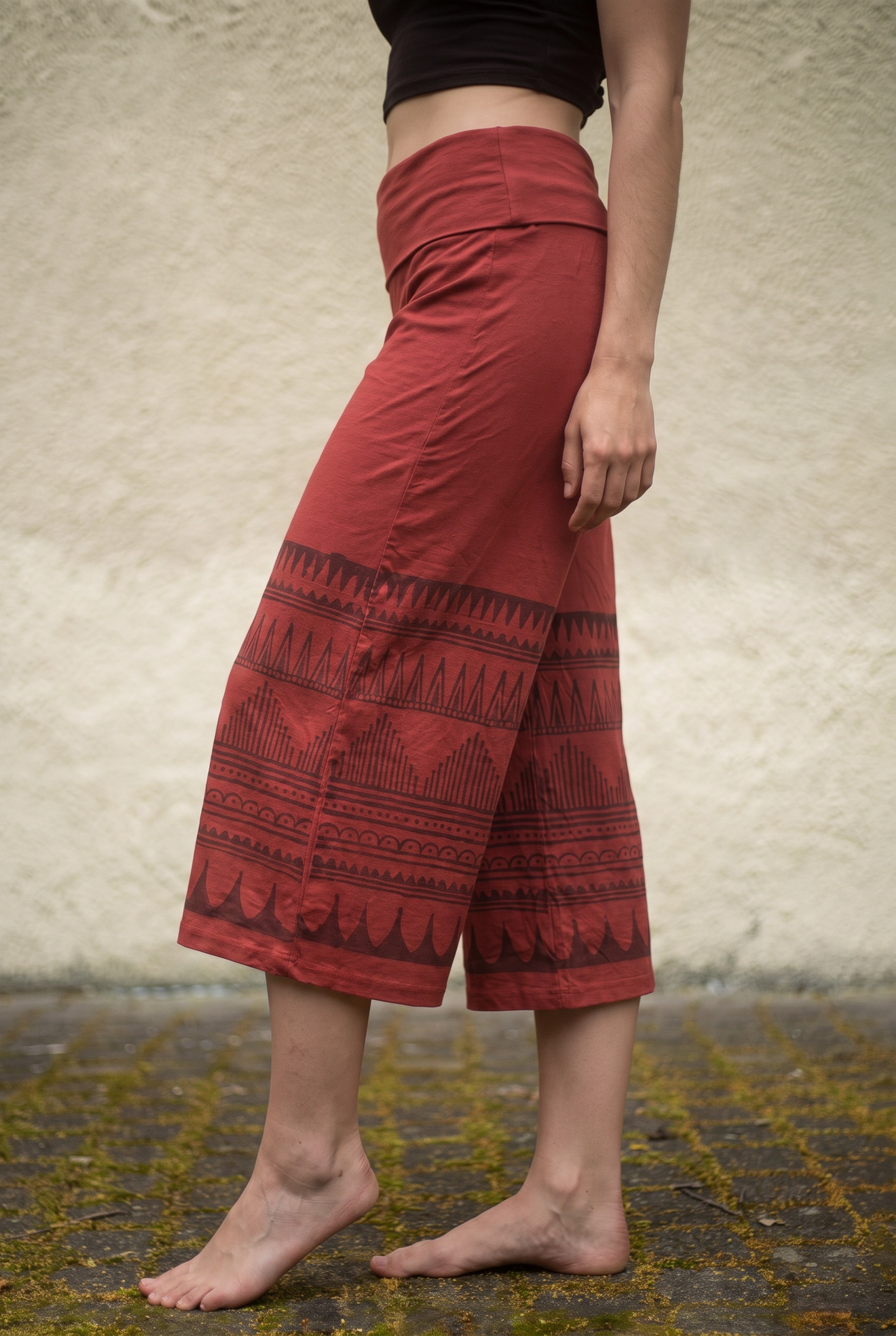 Ethnic Print Fold-Over Waist Cropped Wide Leg Pants